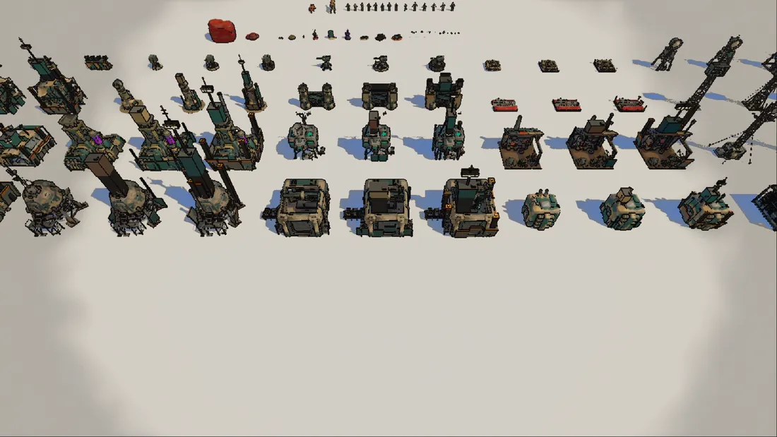 A lineup of characters, vehicles and buildings inside Unreal Engine for a look review