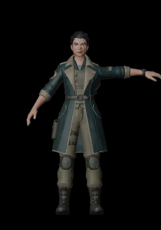 The generated 3D model of Mara Kestrel, posed, on a black background