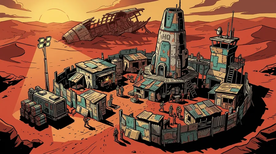 Concept art from Vivite Noctem: a scrap-built camp beside a crashed starship in a red desert